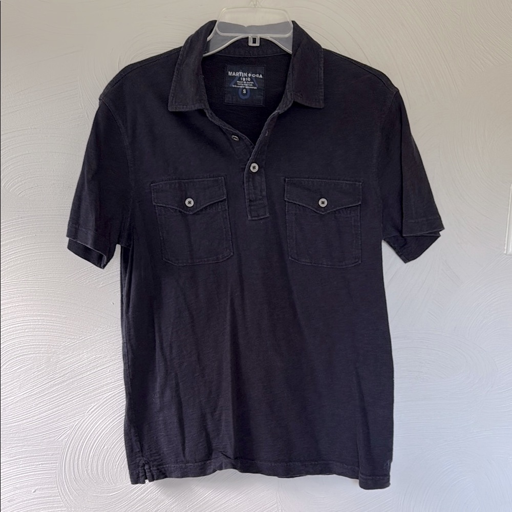 Navy jersey-knit Martin + Osa polo with metal buttons